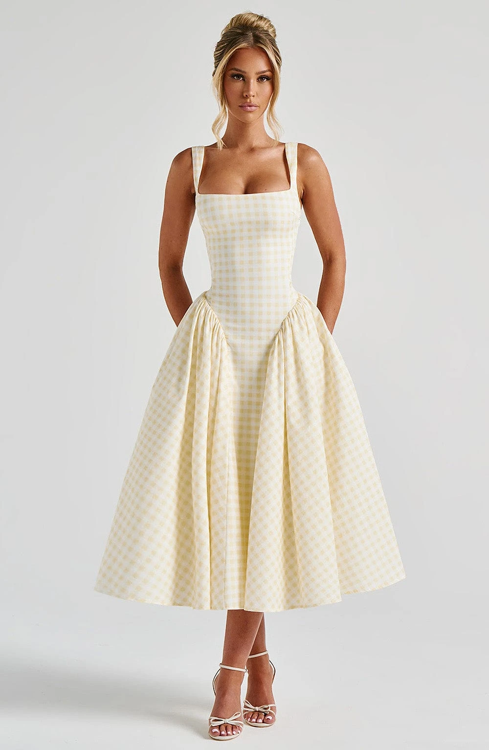 Pale Yellow Gingham Square Neck Midi Dress Wide Strap Ruched Flared A Line Women Dresses Plaid Summer Picnic Casual Outfit