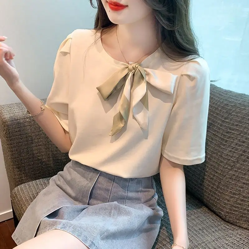 Women Korean Fashion Elegant Chic Lace Up Bow Short Sleeve T-shirt 2024 Summer Casual Sweet Solid Loose Cotton Tops Ropa Mujer