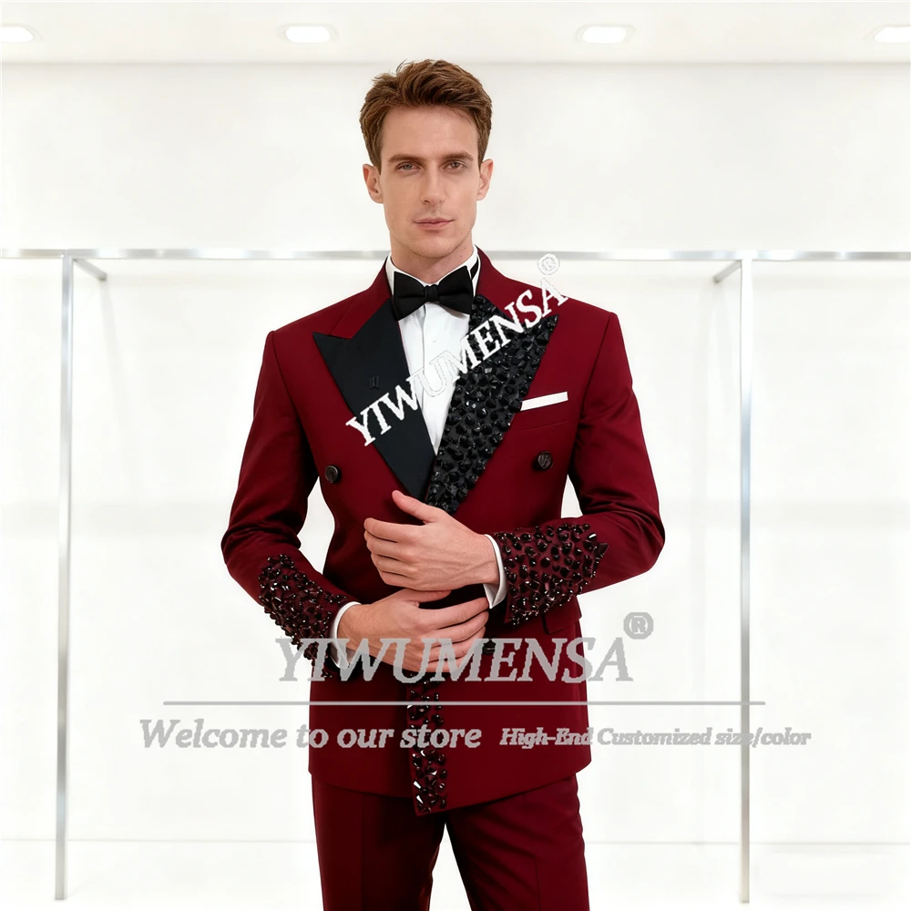 

Exclusive Jewelry Stones Ornament Suit Attire For Men Double Breasted Jacket Pants 2 Piece Set Customized Groom Wedding Tuxedos