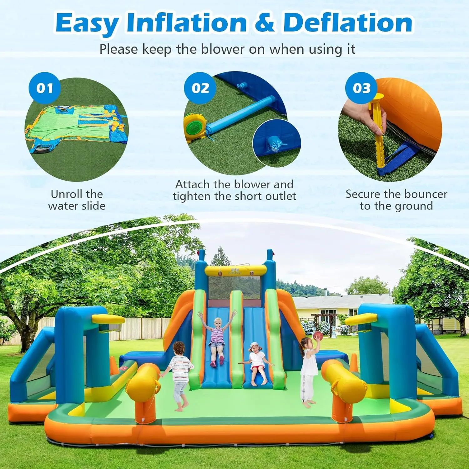 Corrediça de água inflável, 19x17FT Mega Water Slide Park Slides duplos longos para diversão de corrida com parede de escalada dupla, grande piscina de respingo, Wa