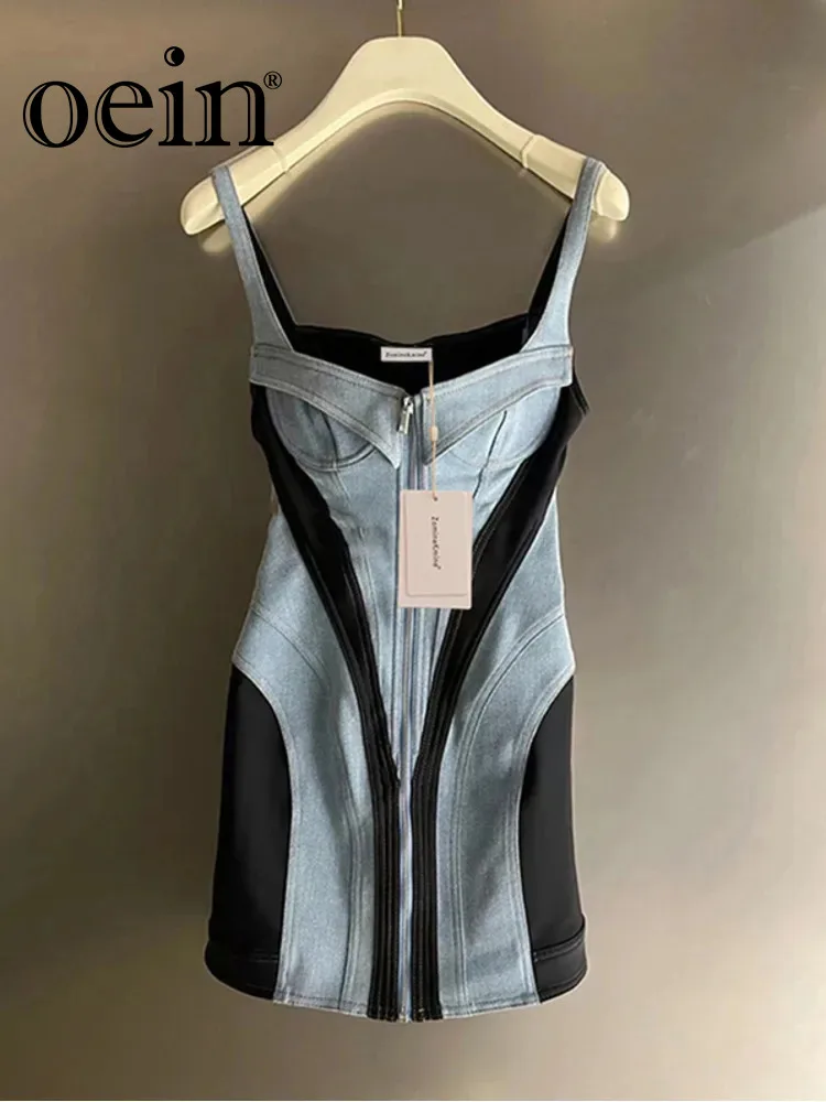 [oein] 2023 Summer New Sexy Slim Fit Sleeveless Waist Wrapped Short Skirt Design Sense Spliced Denim Strap Dress