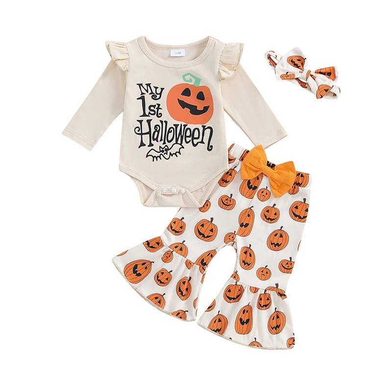 

Baby Girl Halloween Outfits Letter Print Long Sleeve Romper Pumpkin Print Flare Pants Headband 3Pcs Clothes Set