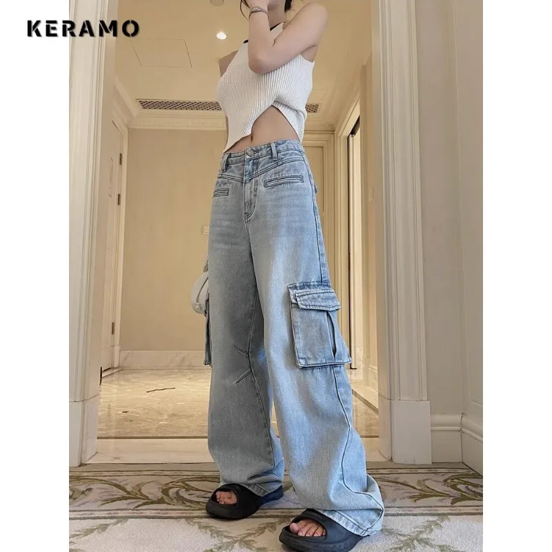 

American Retro High Waist Straight Jeans Light Blue Pants 2023 Autumn Women's Casual Y2K Grunge Harajuku Style Denim Trouser