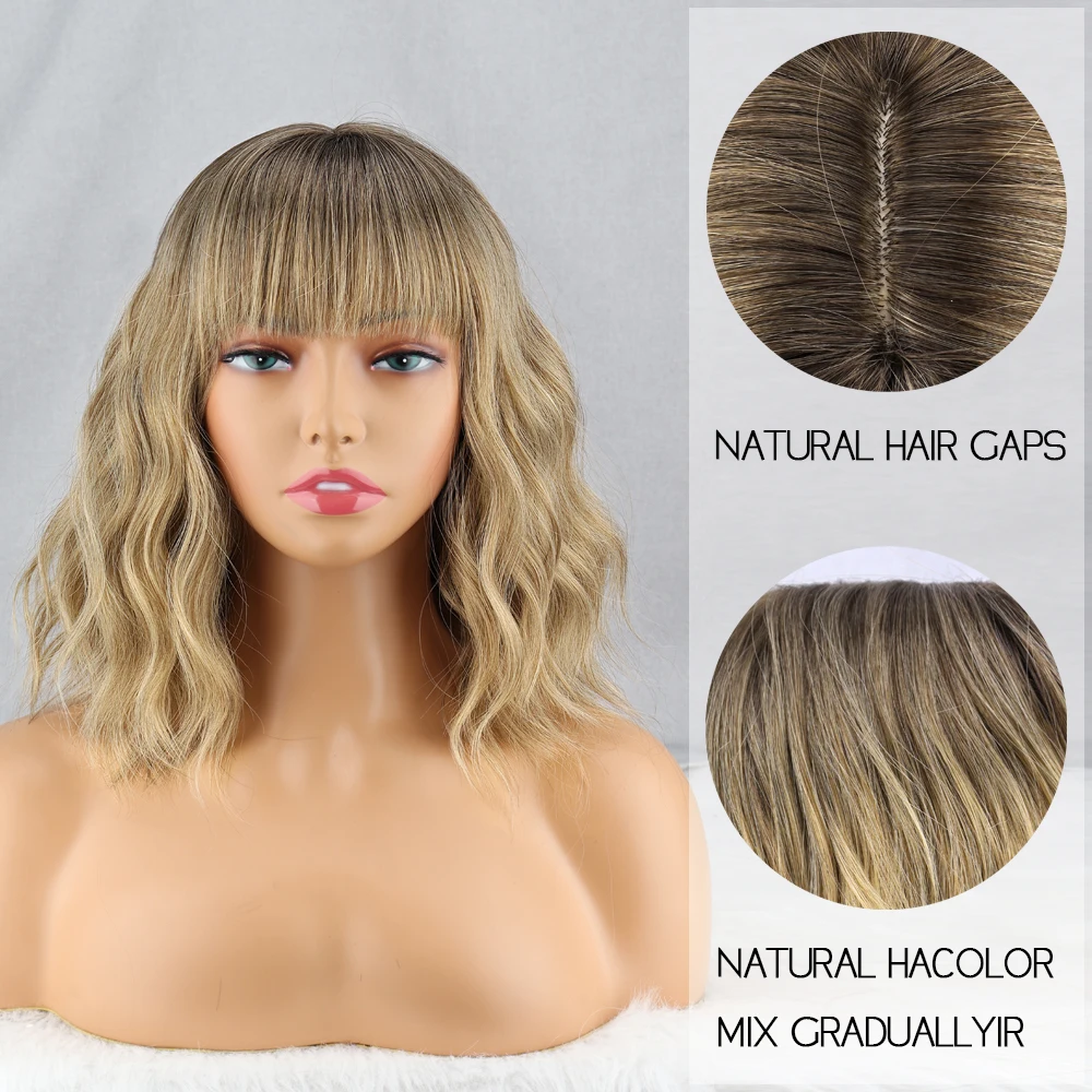 Short Platinum Bob Synthetic Wigs Black Pink Blonde Omber Wavy Wig Dark Roots with Bangs For Women Daily Wear Natural Cosplay