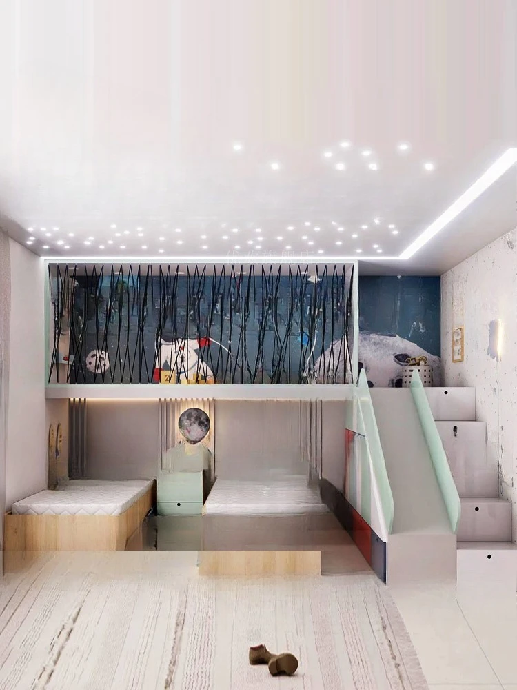 Tempat tidur twin, ruang kamar anak laki-laki dengan tempat tidur susun, rumah bermain anak dengan seluncuran