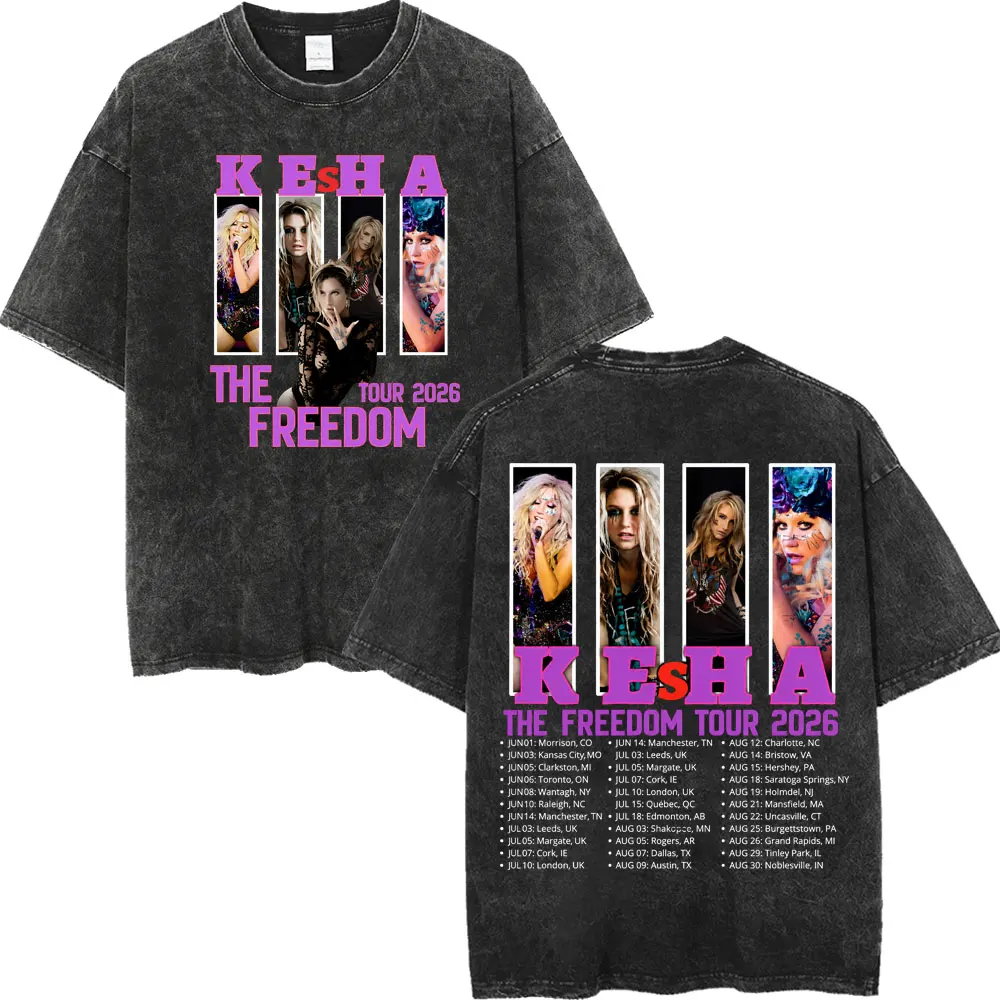 Vintage Washed Singer Kesha The Freedom Tour 2026 Merch T Shirt High Street Fashion Trend T-shirts Men Women Oversized T-shirt