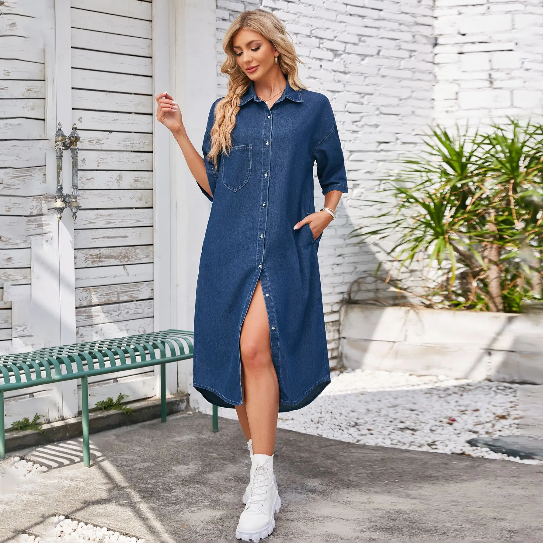 

Women's Casual Washed Denim Dress with Short Sleeves And Long Skirt Trendy Vintage Blue Summer Dress for Women
