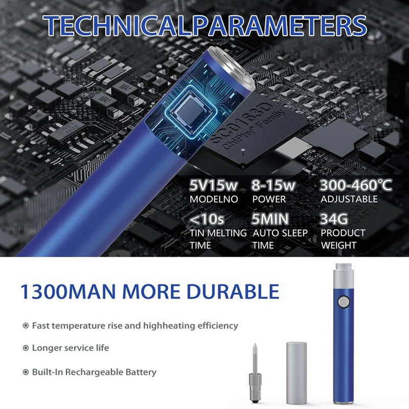 Ferro de solda sem fio gtbl com bateria embutida de alta capacidade de 1300mah, interface tipo c, para trabalho manual e manutenção