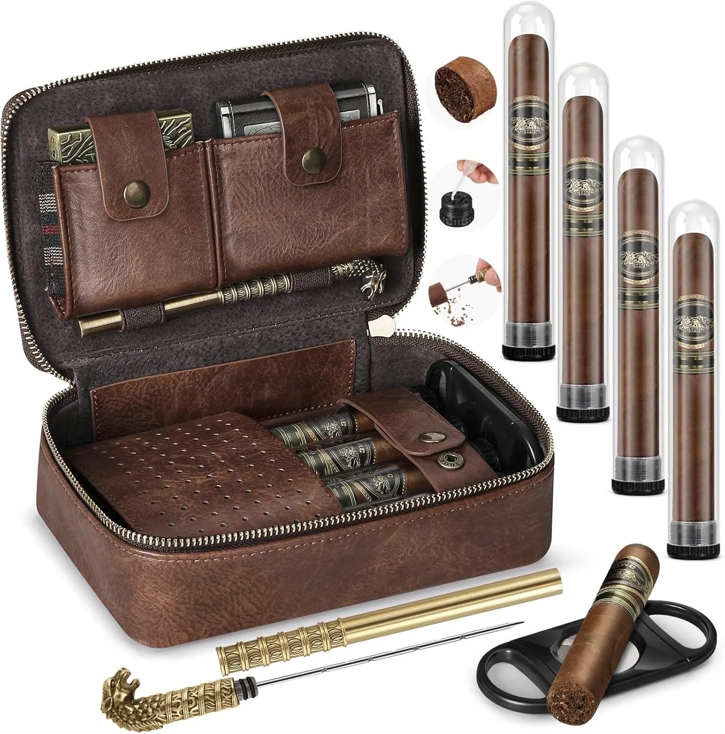Cigar Humidor, Portable Leather Travel Cigar Case, With Cigar Draw Enhancer and Multifunction Cigar Cutter, Gift Set