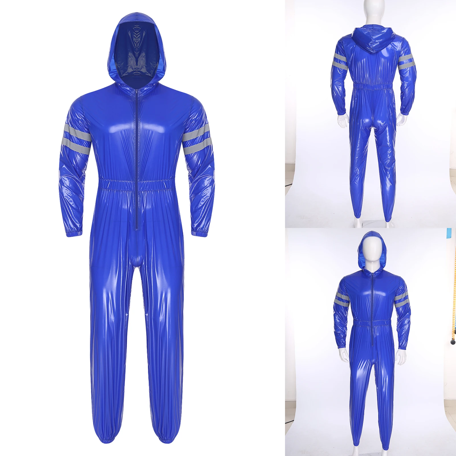 زي رجالي مقاوم للماء، شرائط عاكسة عالية الوضوح، مآزر بأكمام طويلة، خصر مرن، سحاب أمامي، بذلة بقلنسوة