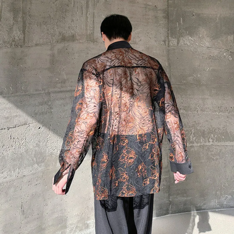 WVGA Summer New Men Tide Streetwear Heavy Lace Woven Long Sleeved Shirt Trendy Semi-transparent Turn-Down Collar Tops Ins W24424