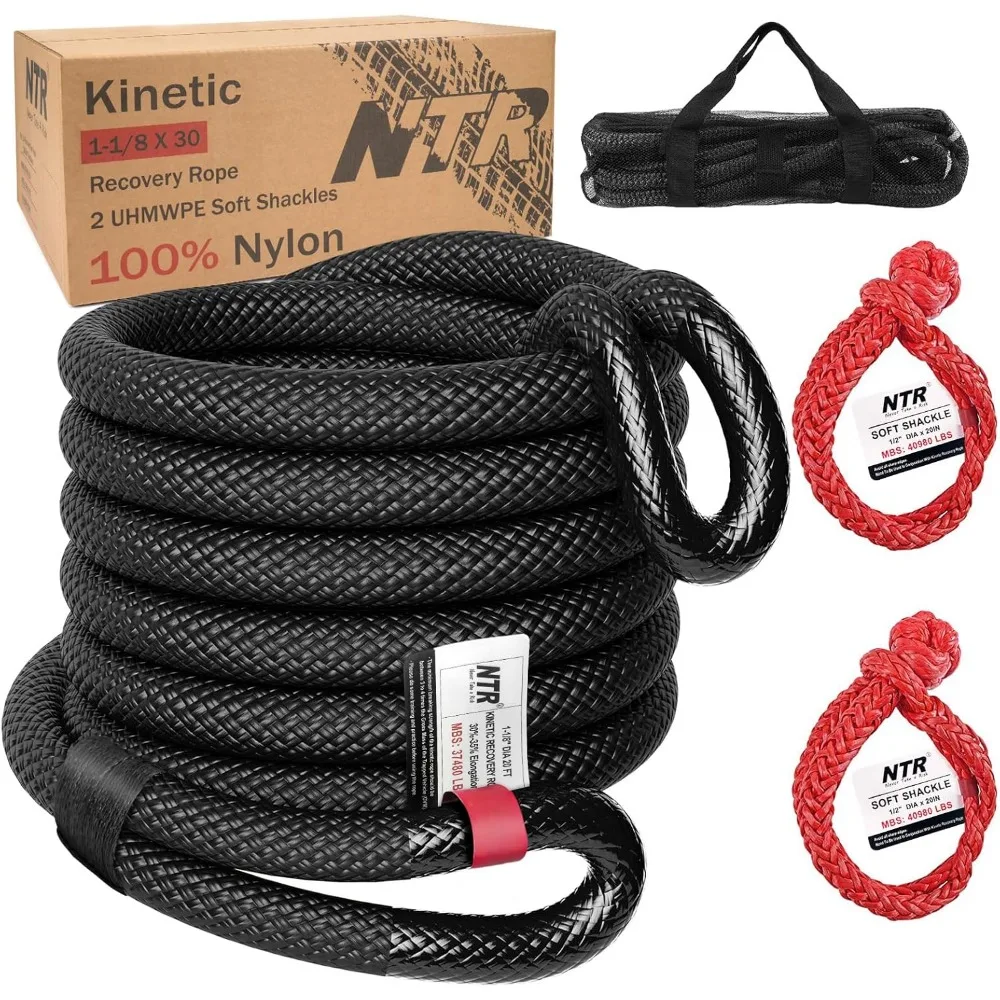 

Kinetic Recovery Tow Rope 1-1/8 Inch x 30 Feet with 2 UHMWPE Soft Shackles and Heavy-Duty Offroad Snatch Strap