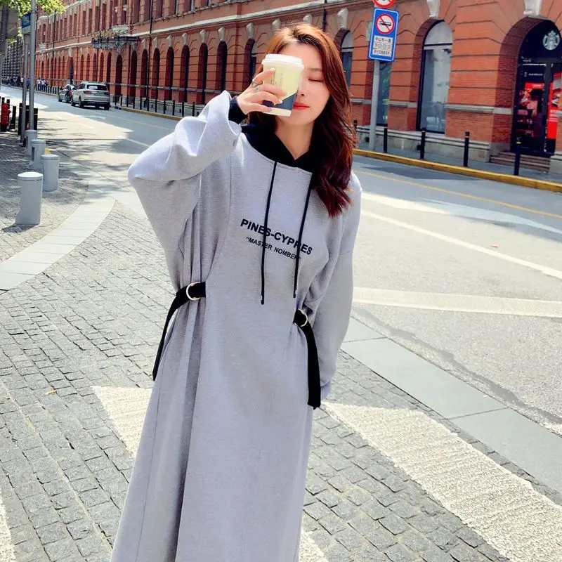 

Spring Autumn New Contrast Hooded Casual Dresses Long Sleeve Letter Printing Lacing Dress Vintage Fashion Women Clothing