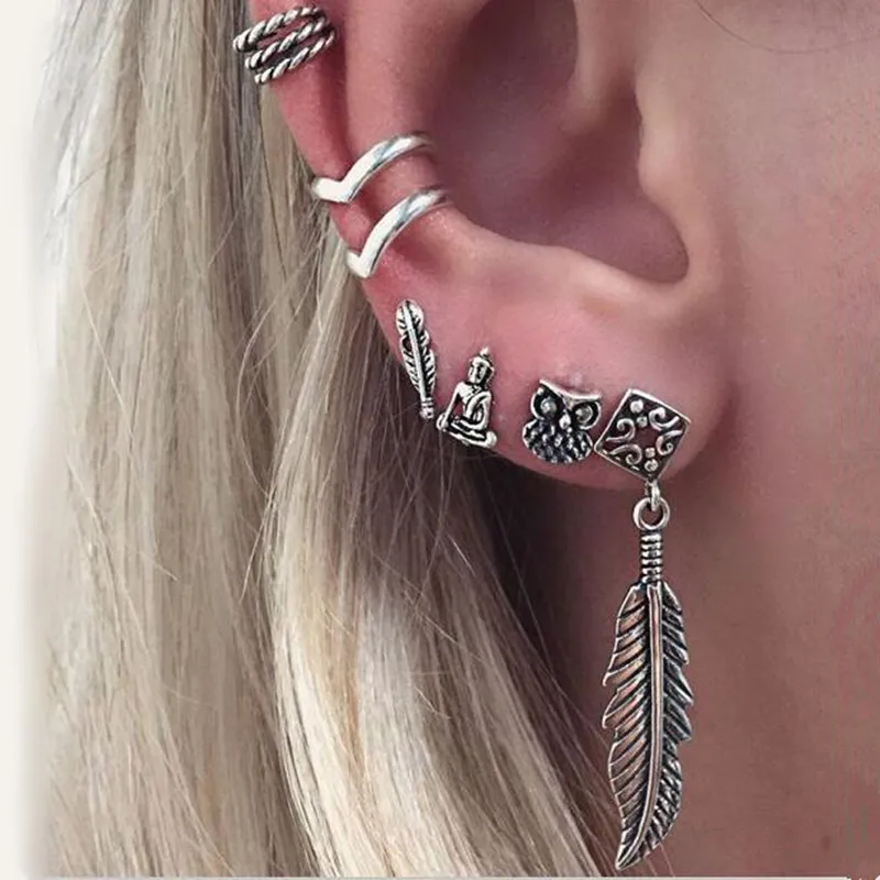 New Hot 7PCS Boho Earrings Set Feather Buddha Owl Leaves Moon Ancient Tibetan Silver Stud Earring Ear Cuff Vintage Beach Jewelry
