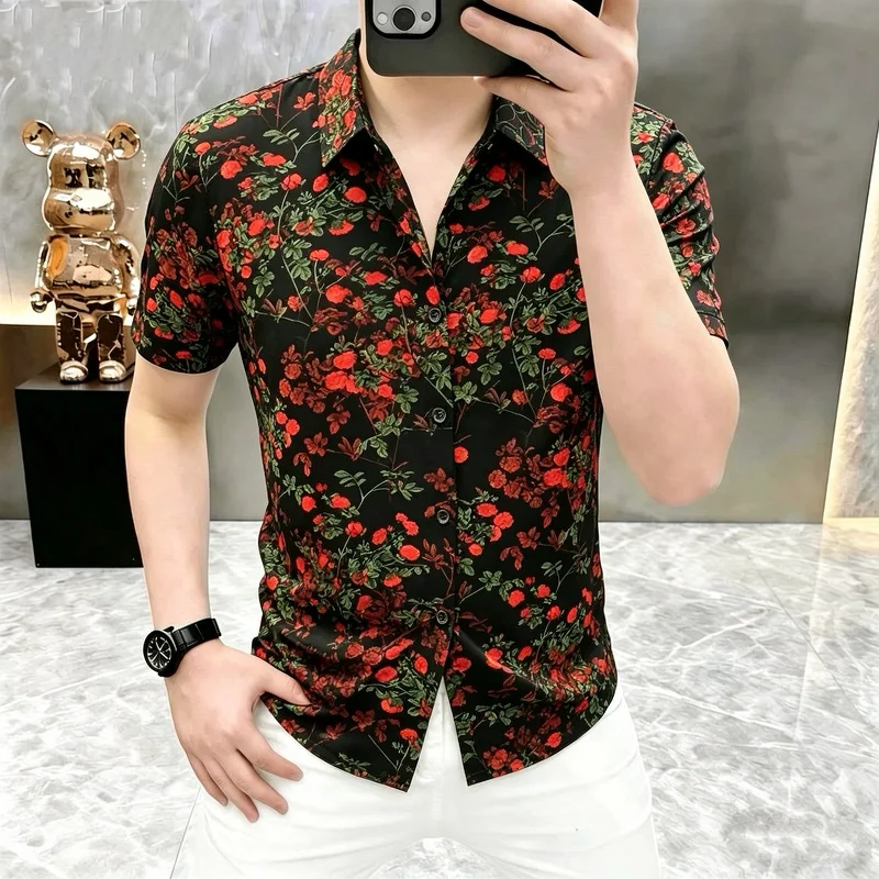 

Summer Floral Ice Silk Men's Short Sleeved Shirt Casual Breathable Cool Shirts Social Business Versatile Shirt Men Clothing 2026