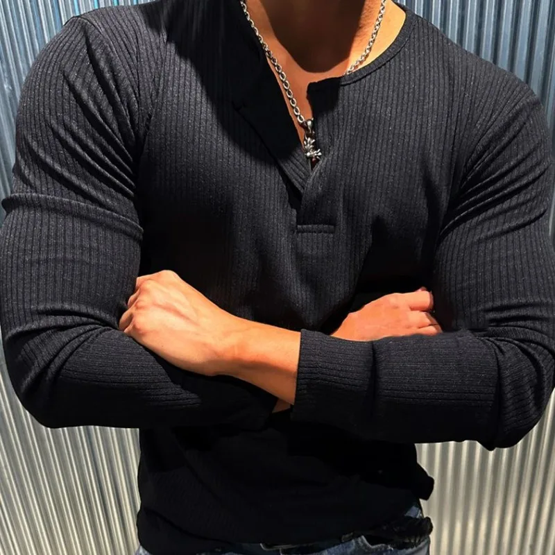 

Unicolor Buttoned Male Pullover Korean Luxury Men's T-shirts Aesthetic Size One Piece Elasticity Original Sweatshirt Sale JJ1085