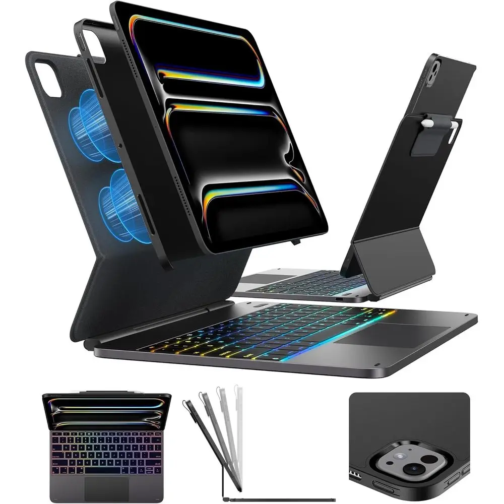 

13-inch Pro Tablet Keyboard Case with 11-Color Backlit, Removable Black Cover, Magnetic Stand, and Large Trackpad