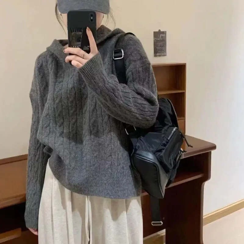 

Осень-зима женский свитер с капюшоном для девочек новый джемпер минималистичный трикотаж пальто ленивый свободный пуловер универсальные мягкие липкие топы