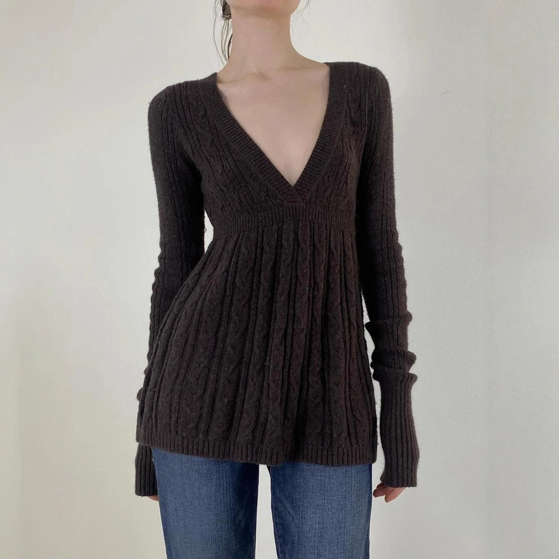 

Women Knitting Sweater 2025 New Retro Knit Top Cable Stitch Doll Style Low Cut V Neck Comfortable Casual Long Sleeve Base Layer