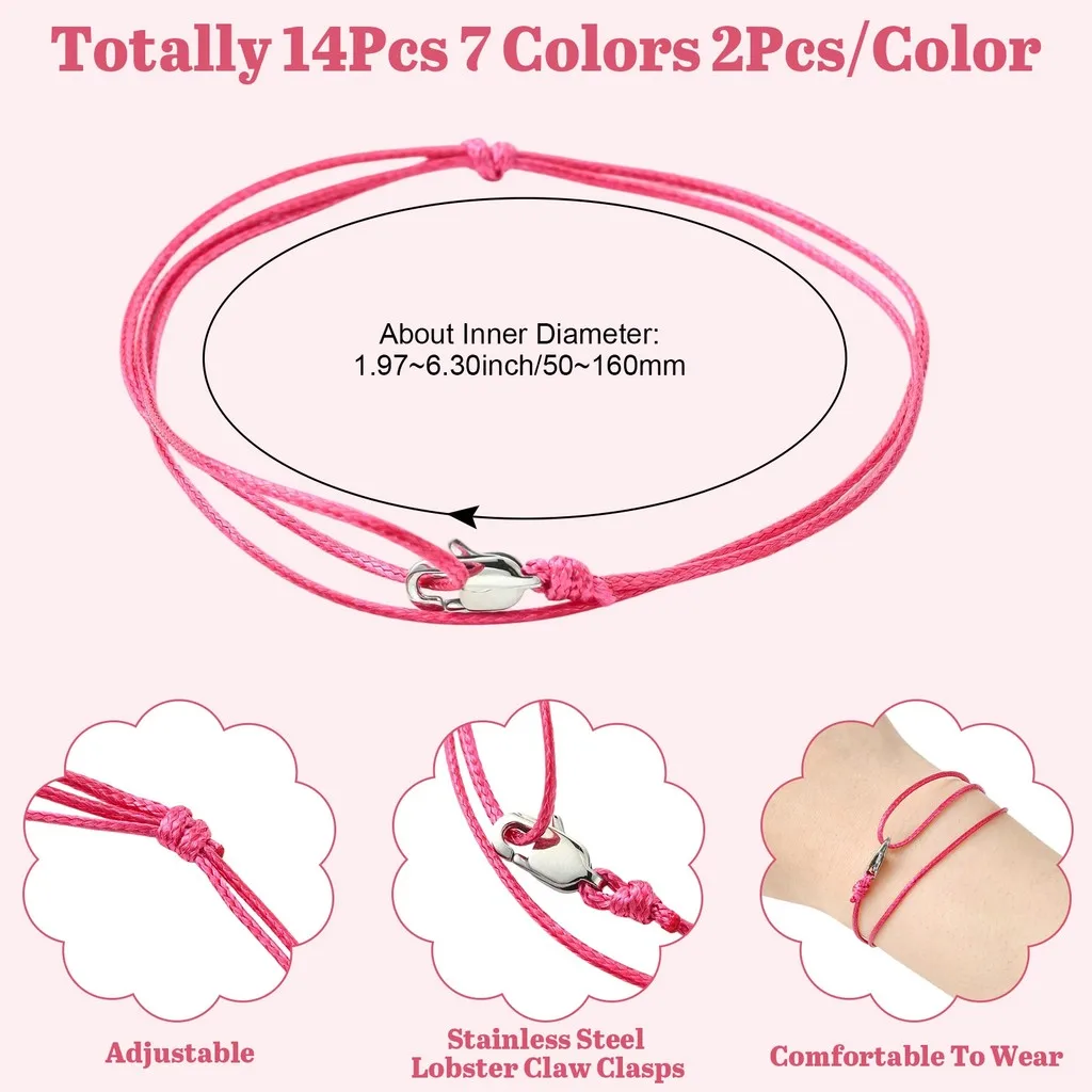 14Pcs Adjustable Waxed Polyester Cord Bracelets with 304 Stainless Steel Lobster Claw Clasps for Women Couple Bracelet Gifts