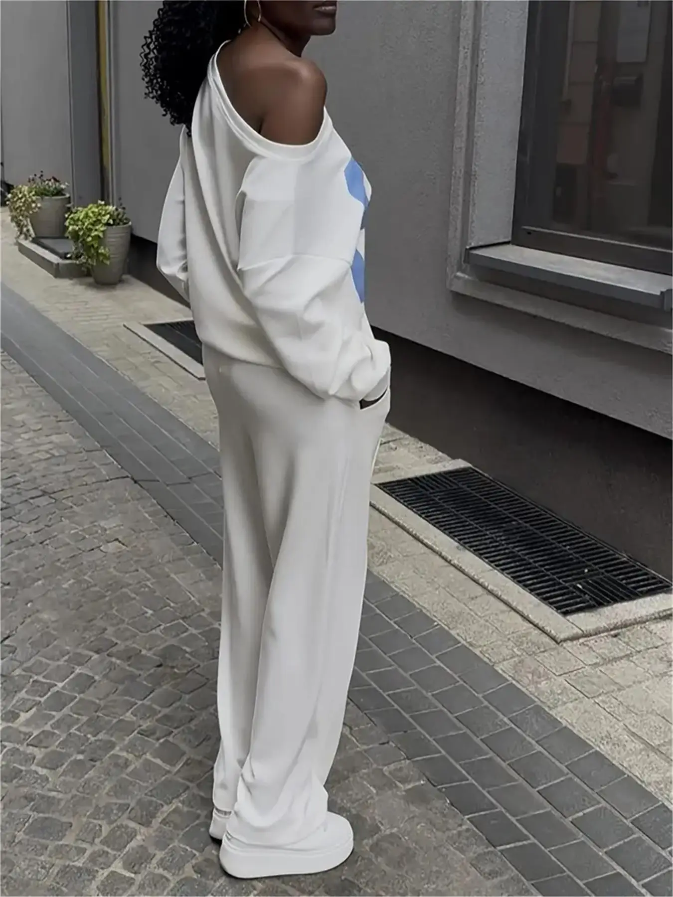 春と秋の女性用デジタルプリント長袖トップスとポケット付きウエストバンド付きパンツ