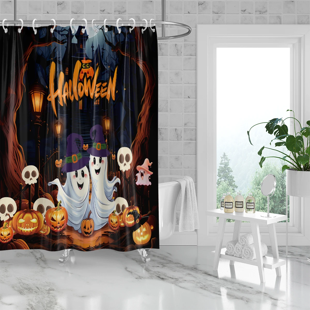 Halloween Themed Series Shower Curtain - Cute Ghost Element Bathroom Set Decoration,Halloween Party Gifts Supplies-71\