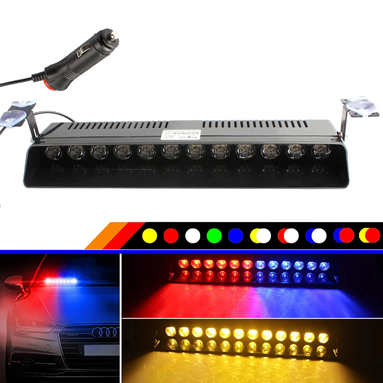 Car LED Light S12 12LED Suction Cup Strobe Police Lights 12V Car Front and Rear Gear Warning Flashing Light Shovel Firemen Light