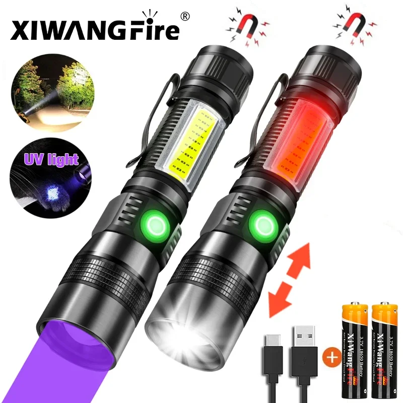 UV Light & Strong Light Flashlight USB Rechargeable Camping Lantern Pets Urine Stains Black Light Led Ultraviolet Torch Lamp