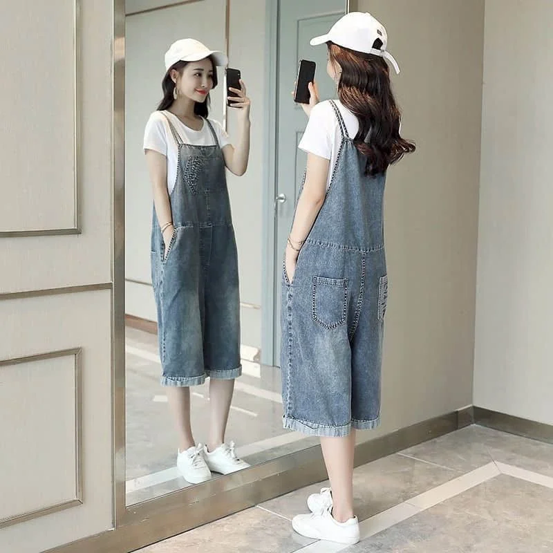 Denim Jumpsuits for Women Casual Playsuits Solid Vintage Printed Pocket Overalls Loose Rompers One Piece Outfits Women Clothing