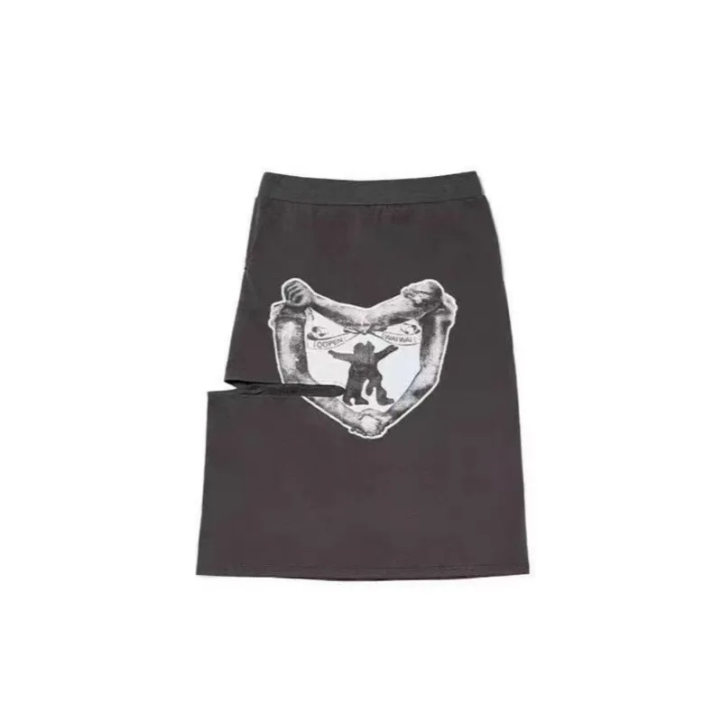 OPEN YY Half Skirt 2025 Fashion Summer Love Print Cut Flutter Belt Knot Slim Midi Skirt Half Skirt