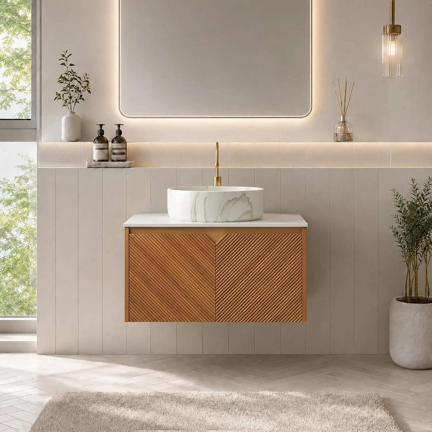 30" Floating Bathroom Vanity Brown Oak Finish Ceramic Round Sink Cabinet, Customized