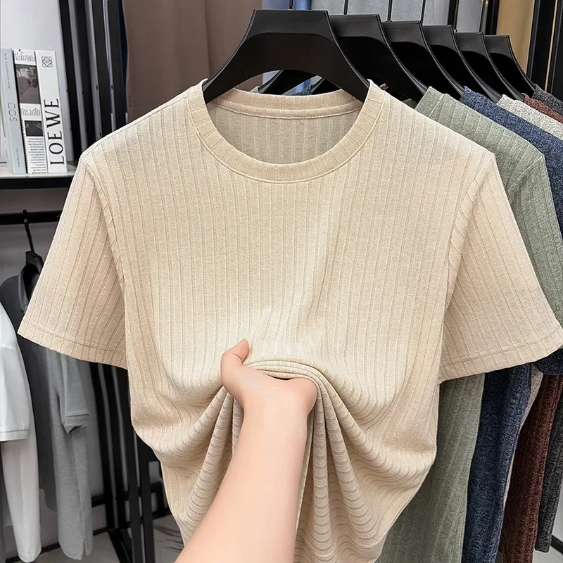 Herren Heather Vertikal Geripptes Rundhals-Kurzarm-T-Shirt Lässige Oberteile Dehnbar Atmungsaktiv Knitterfrei Sommerkleidung