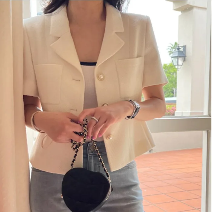Elegant Slim Fit Short Sleeve Suit Jacket Thin Outerwear ShangFeng Style Women's Fashion Polyester Fiber Single Button Closure