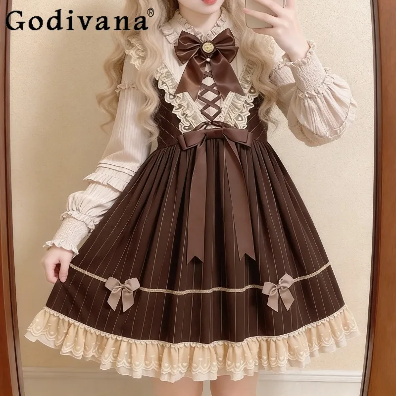 

2026 Autumn Winter New Japanese Style Brown Lolita Long Sleeve Dress Sweet Cute Princess Style Puffy Heavy Craft OP Dress