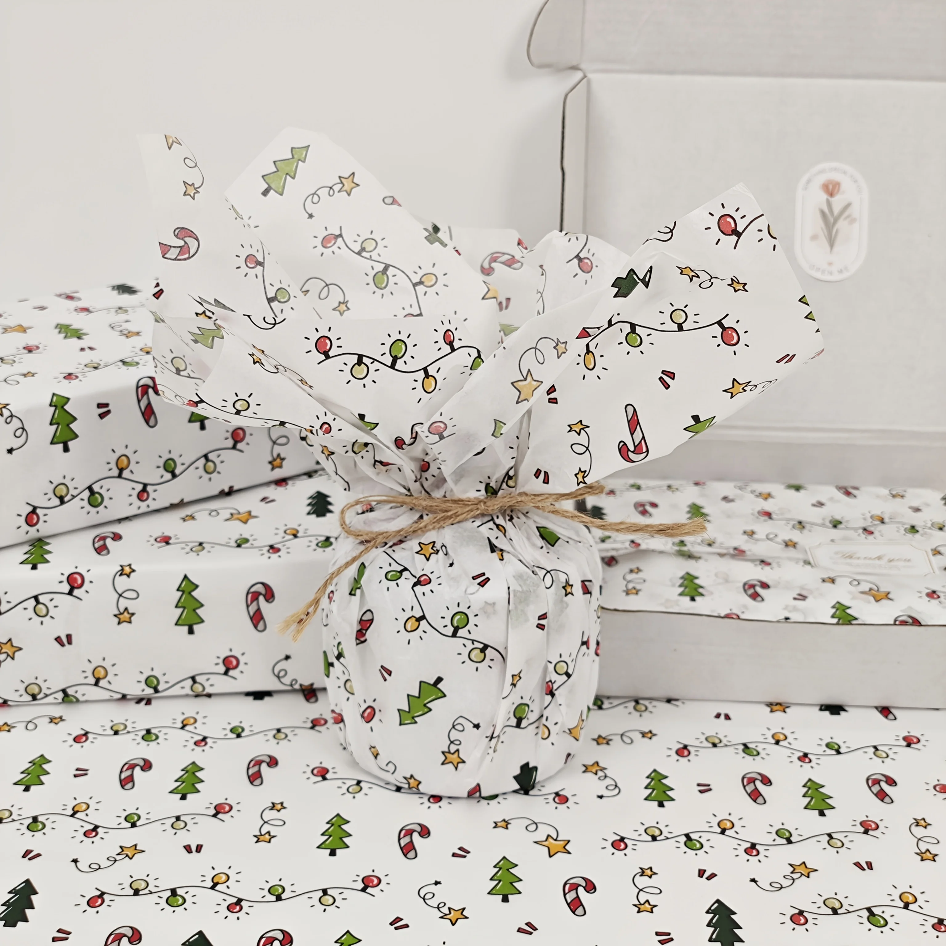15/50 Stück Weihnachts-Geschenkpapier mit festlichem Baum, Süßigkeiten- und Stern-Design für Urlaubsparty-Dekoration |   Weihnachtsdekorationen