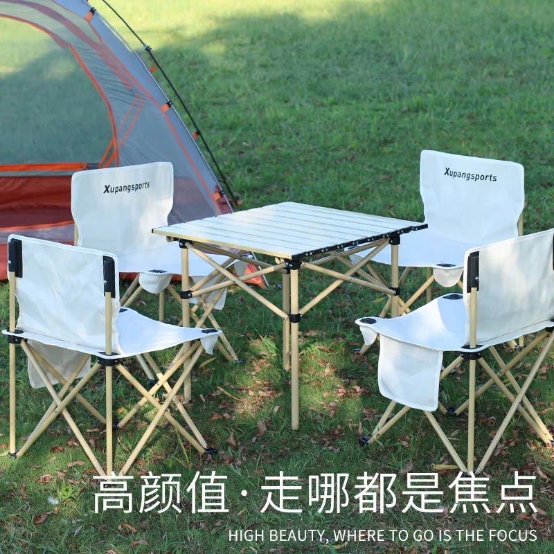 

Outdoor Folding Tables and Chairs Set Portable Camping Table Egg Roll Table Aluminum Alloy Camping round Picnic Table