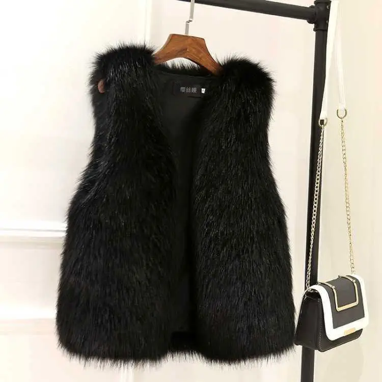 Women's Autumn Winter Fashion Long Artificial Fur Imitation Fox  Thick Warm Vest  Sleeveless Jacket Casual Coat R15