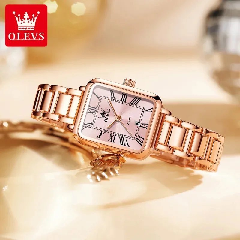 OLEVS женские наручные часы элегантные квадратные ретро женские часы с автоматической датой водостойкий стальной ремешок розового золота кварцевые часы 5641