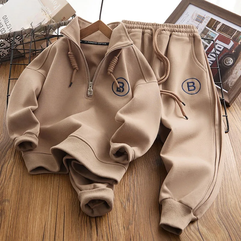 Boys Autumn and Winter New Street Style Sweatshirt Sweatpants Two-piece Set Stand Collar Outer Wear Casual Simple Style