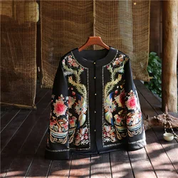 High-end Winter Women Thick Top Retro Embroidery Peony Elegant Lady Loose China New Year Warm Coat S-XXL