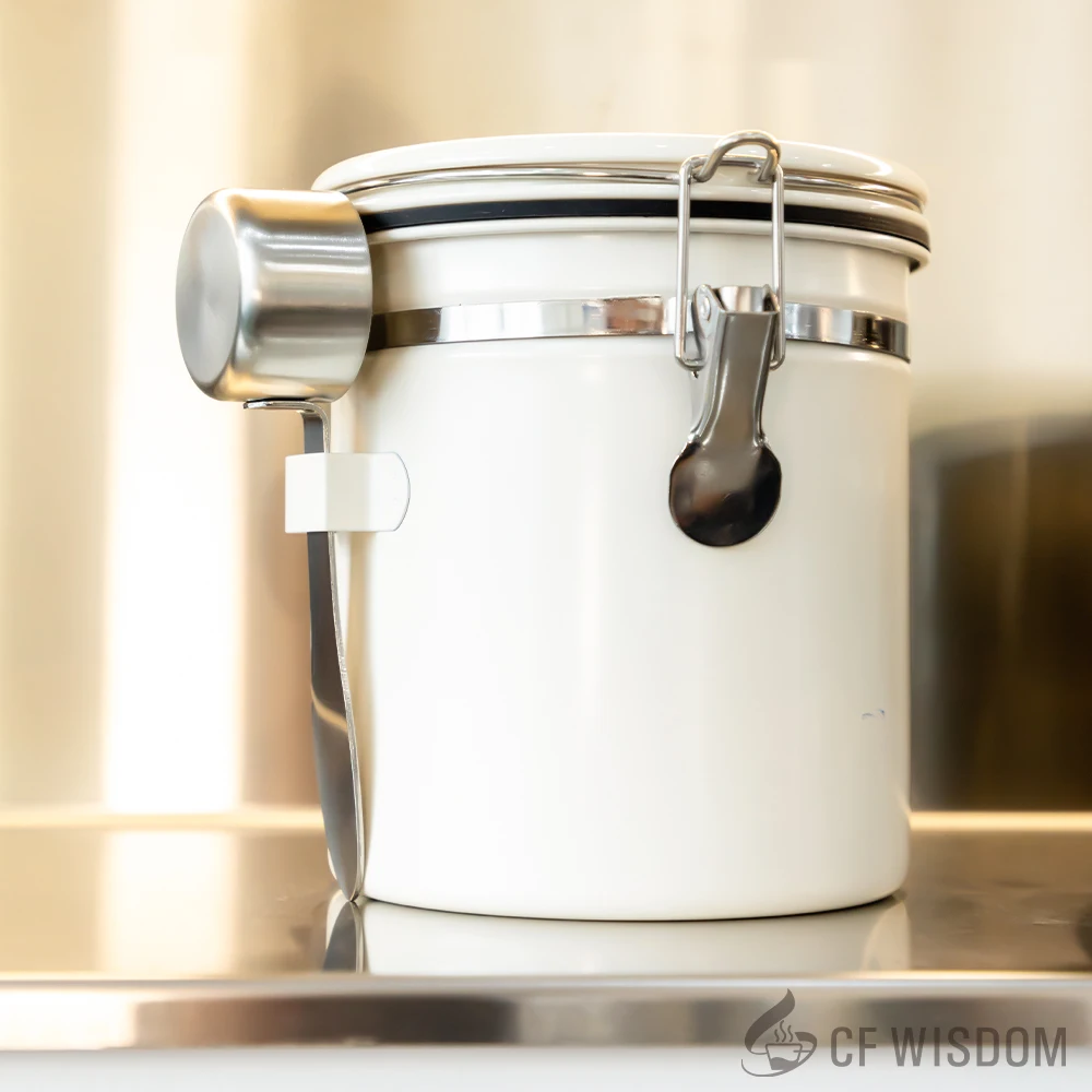 Toples Tertutup Kopi CF WISDOM, Toples Tertutup Baja Tahan Karat, Wadah Penyimpanan Makanan dengan Sendok, Wadah Biji Kopi, 1,5L