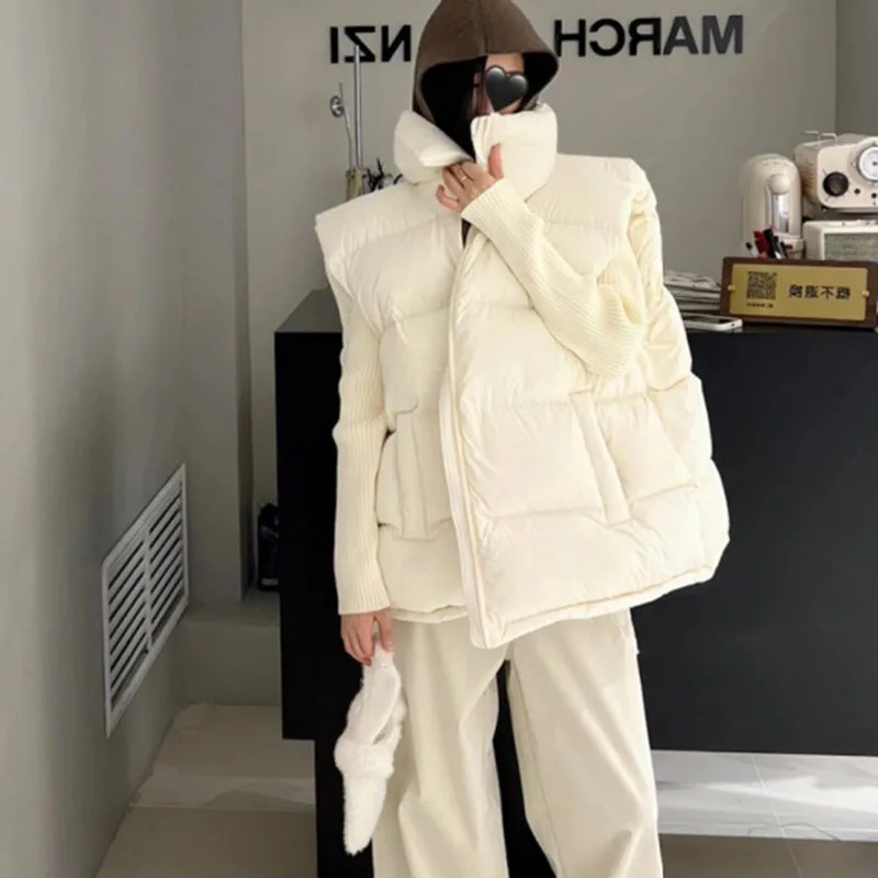 

2025 Новый утолщенный пуховый женский жилет высокого качества с воротником-стойкой, зимний повседневный однотонный теплый 90 белый жилет на утином пуху H632