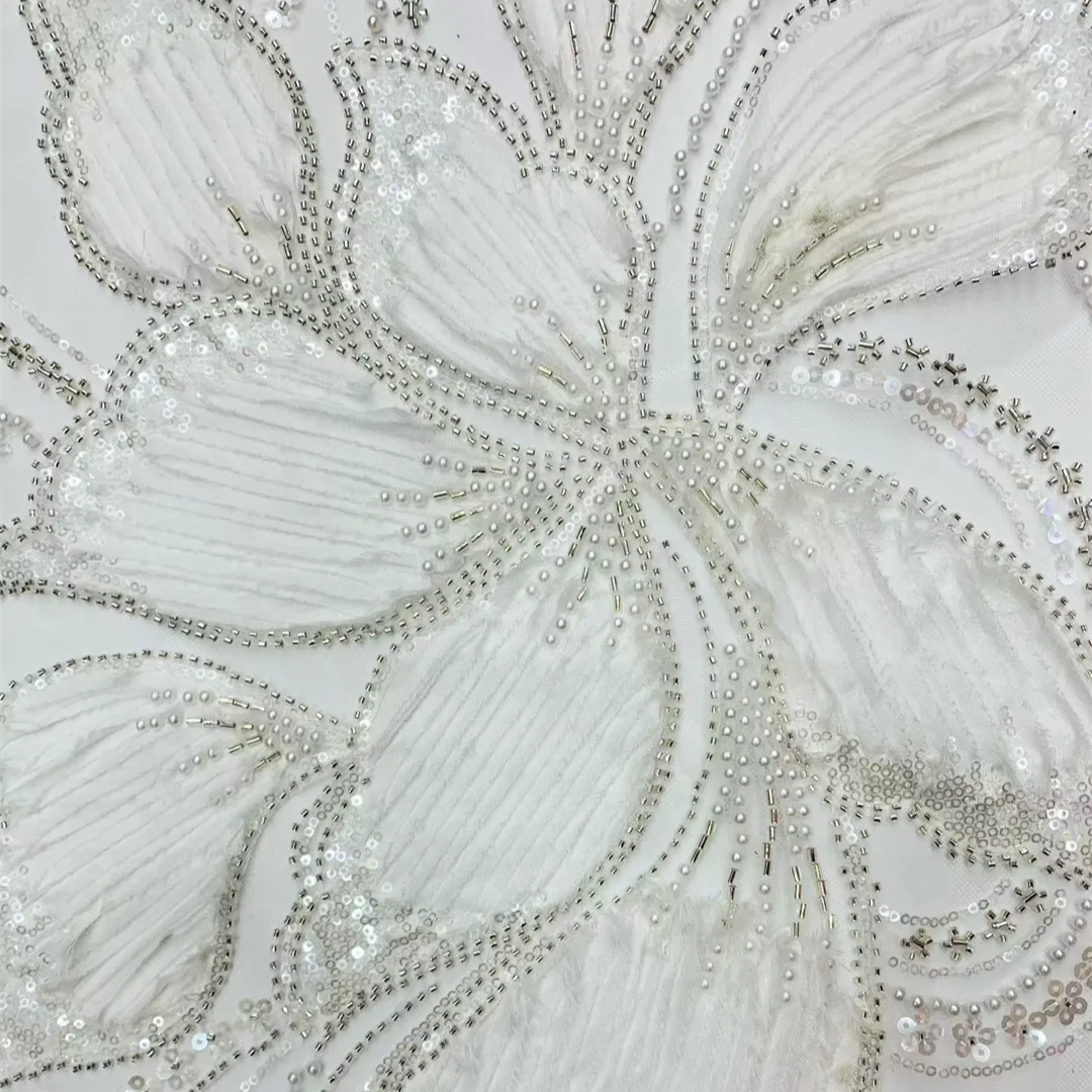 

5Y African French Tulle Lace Fabric Hot Sale 3D Floral Cord Embroidery Beads Sequins Mesh Lace for Wedding Evening Party Dress