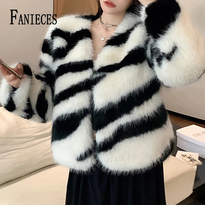 

FANIECES Vintage Zebra Striped Print Faux Fur Coat Women Long Sleeve O Neck Shaggy Feather Jacket Fashion Casual Streetwear шуба