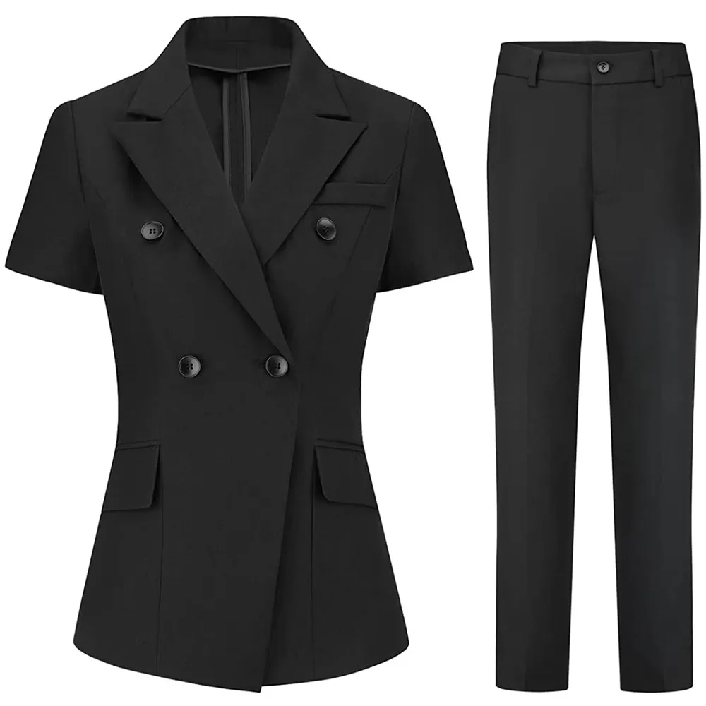 Women's Business Suit Set Formal Short Sleeve Double Breasted Slim Fit Solid Color Blazer and Pants For Working
