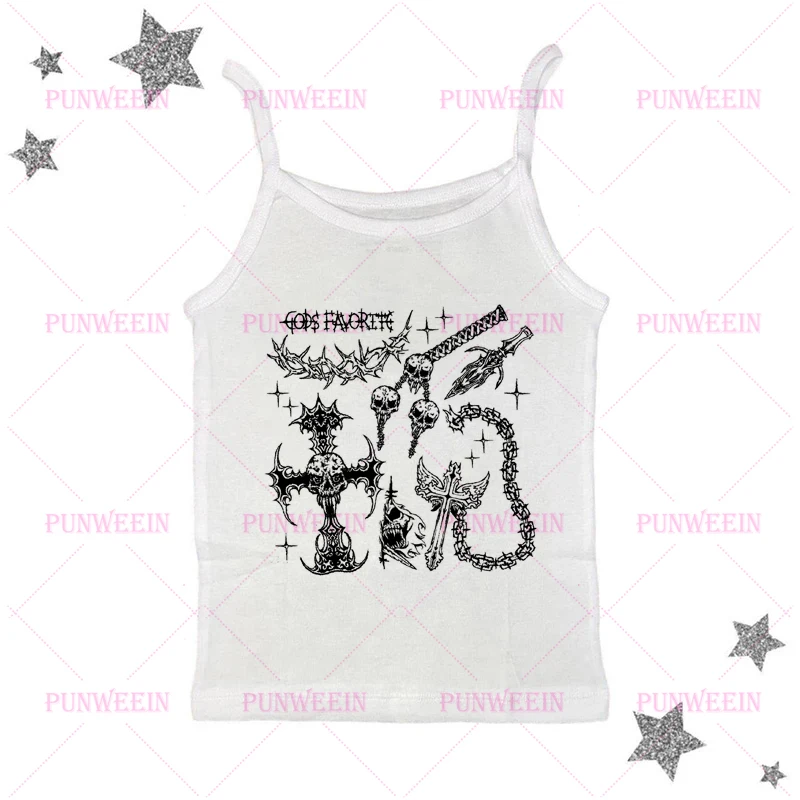 เสื้อกล้ามครอปสีขาวพิมพ์ลายกะโหลกศีรษะสไตล์วินเทจ กรันจ์ สตรีทแวร์ พังก์ ฮาราจูกุ กอธิค อีโม สำหรับสาวๆ