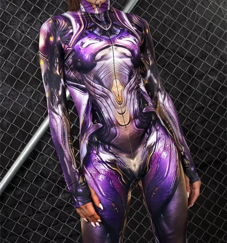 Erwachsenen-Sportanzug mit hoher Taille, Damen-Cosplay-Kostüm, sexy Anzug mit blauen Farbelementen, Muskel-Halloween-Bodysuit – Detail 5