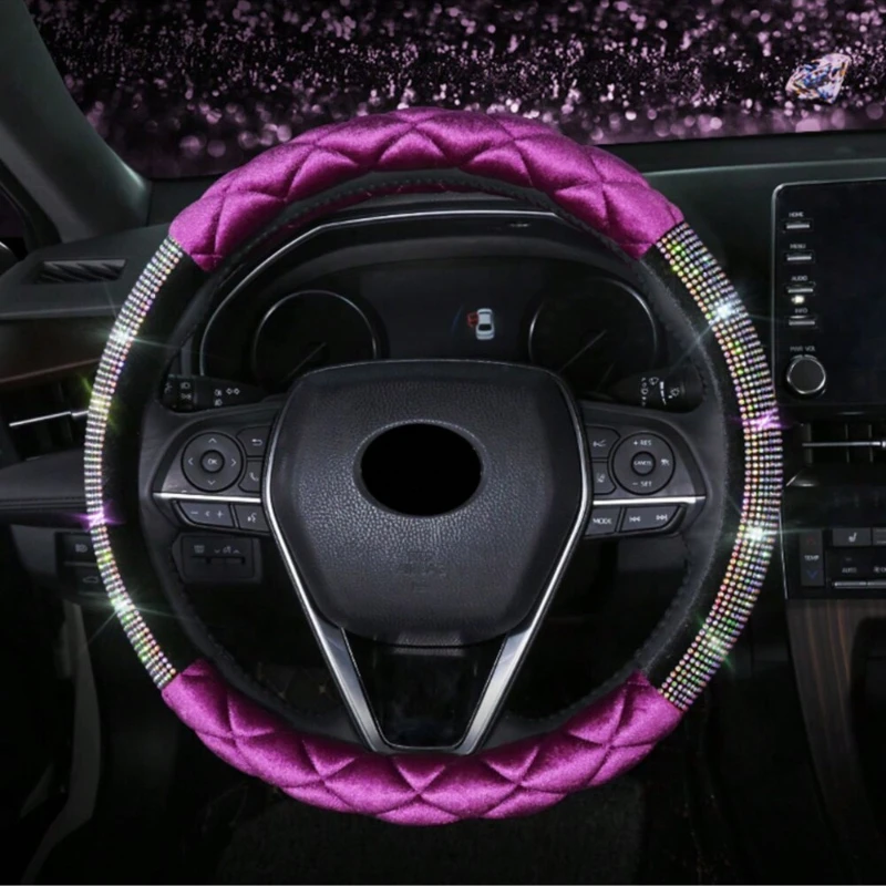 Luxury Rhombus Diamond Crystal Fashionable Plush Car Steering Wheel Cover 38CM Universal Interior Accessories Keep Warm