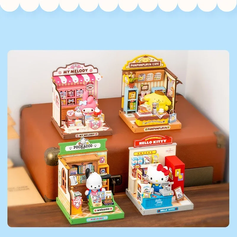 Nowa rodzina Sanrio Kitty Melody Pochacco Mengqu Store Manager seria DIY kabina Mini Mini Mini Model klocki dla dzieci prezent