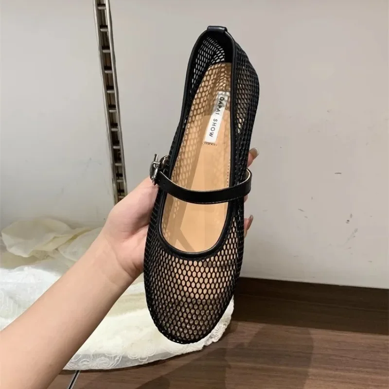 Uitsparing Mary Sandalen Dames Ronde Neus Ondiepe Mond Visnet Nieuwe Zomer Ademende Slipband Zachte Zool Antislip Flats